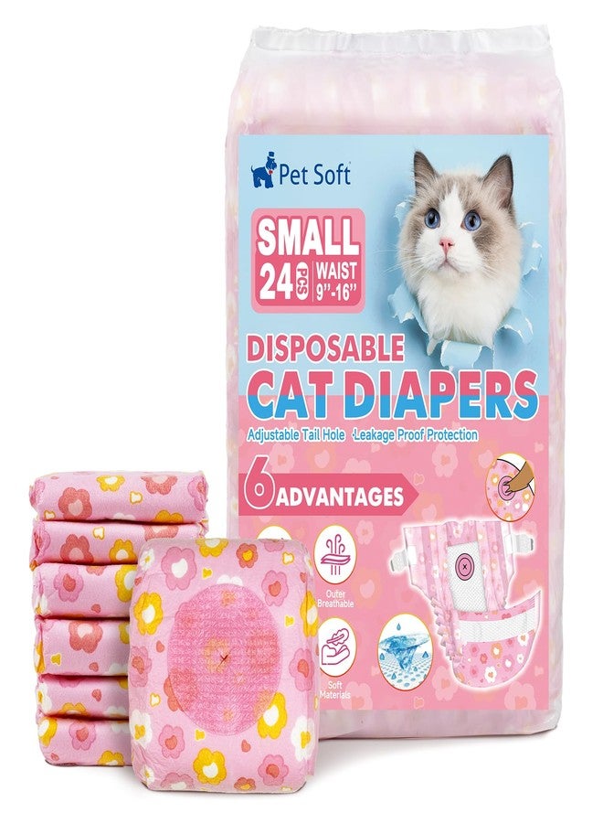 Pet Soft Disposable Cat Diapers - Diaper for Female & Male Cats, Puppy Doggie Diapers for Female Dogs with Adjustable Foam Tail Hole, Small (24Pcs, PK Flowers) - Image 1